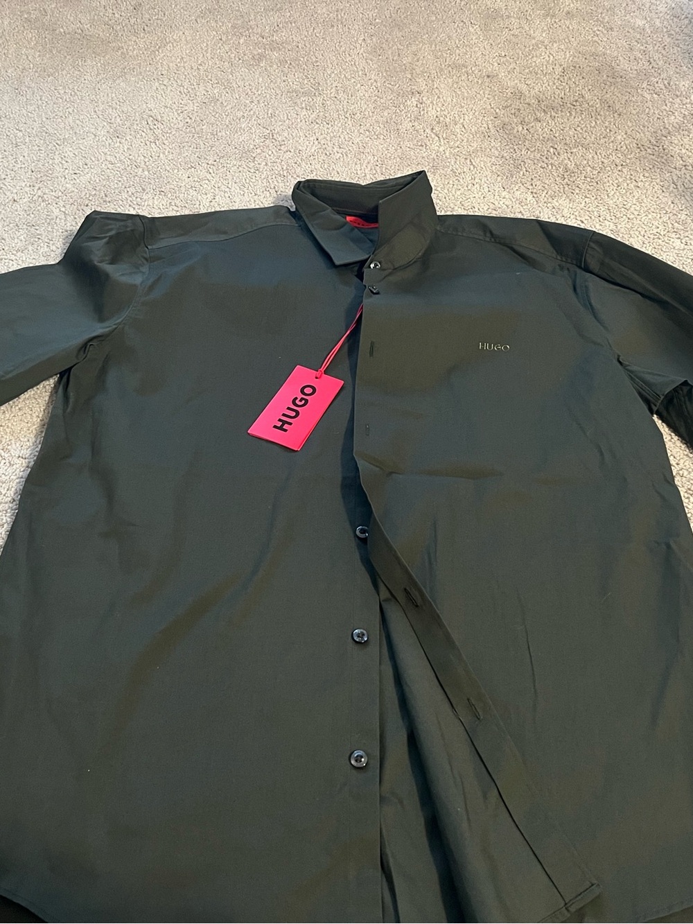 HUGO Black Long-Sleeve Button Shirt with Red Tag